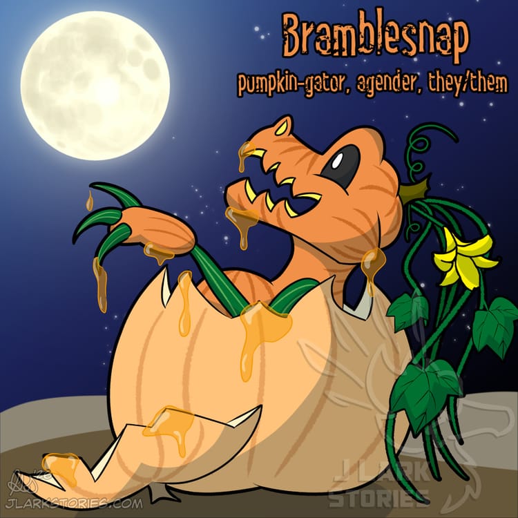 A digital drawing of a creature made of pumpkins and vines in the shape of an alligator, breaking out of a larger pumpkin shell and dripping with orange goo, beneath a night sky with a full moon and stars.
