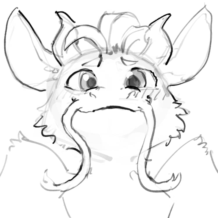 A black and white sketch of Eli, the fluffy dragon with long ears, horns, and whiskers, smiling and blushing.