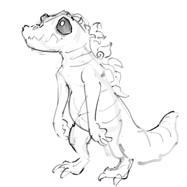 A digital sketch of a gator hatchling with large black eyes, pumpkin lines on its skin, and vines growing from its back.