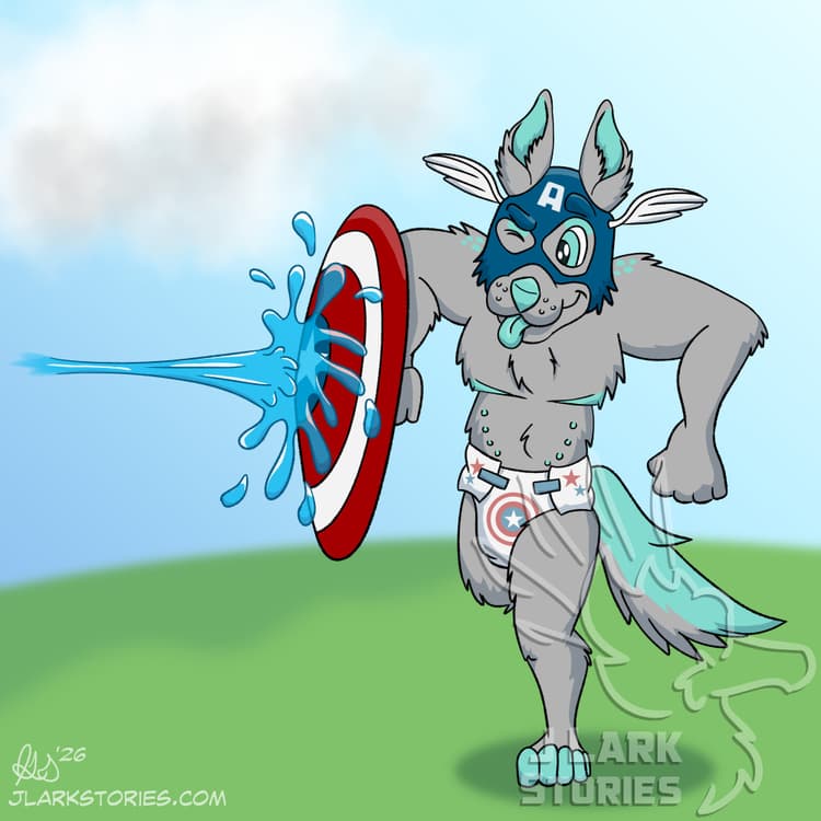 An anthro jackal with gray fur and light turquoise highlights, running through a grassy field while holding a Captain America shield and mask and a diaper with the Captain America logo on it, smiling with his tongue out as he blocks a large jet of water with his shield.