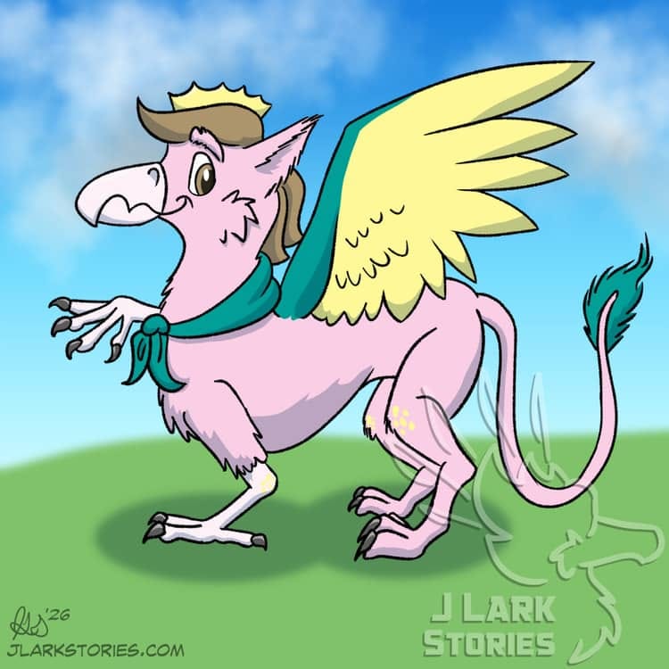 A pink gryphon with green highlights on his wings and the tuft on his tail, also wearing a green cape and a golden crown. He's striking a pose while smiling and flaring his wings.