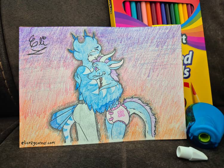 A colored pencil drawing of lark, the tall blue bird with a monitor lizard tail, hugging Eli, a fluffy blue dragon with purple fur down his back and wearing a diaper