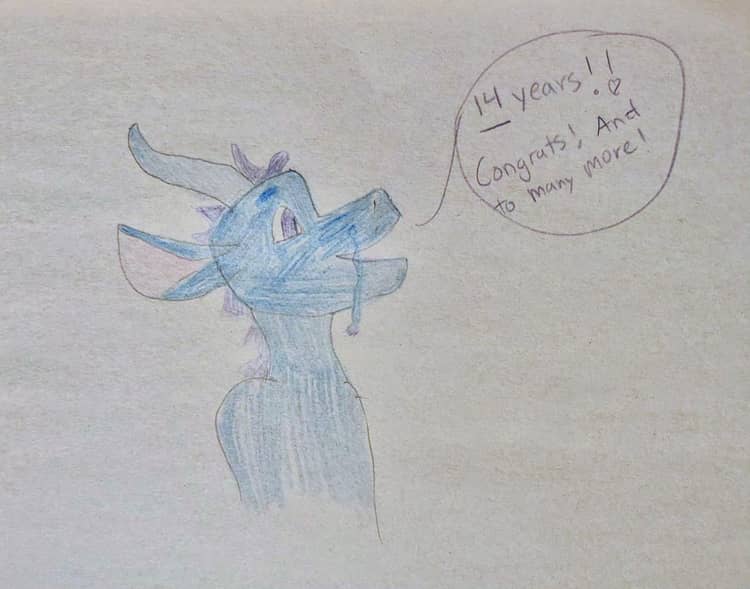 A colored pencil sketch of Eli, a light blue dragon with long ears, horns, and whiskers, and purple fur on his head, saying, "14 years!! Congrats! And to many more!"
