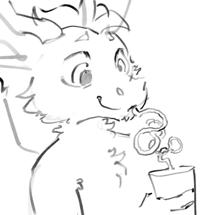 A black and white digital sketch of Eli, the Eastern dragon, smiling and drinking from a glass with a crazy straw.