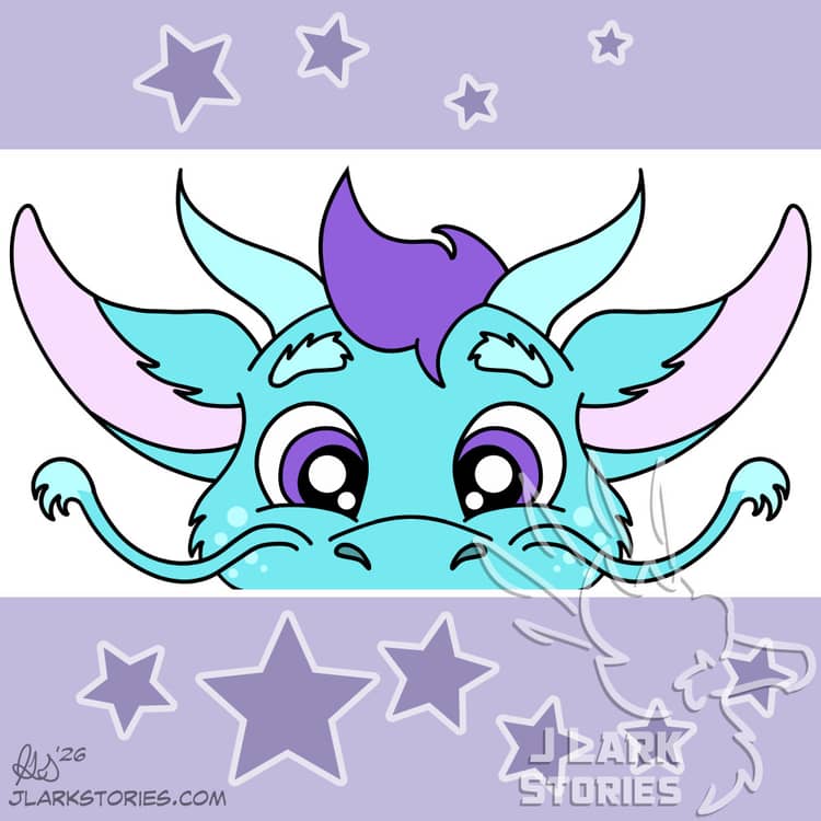 Eli, the eastern dragon with light blue fur and purple hair, in the stye of PeekABU, peeking above the edge of the image with wide cartoony eyes.