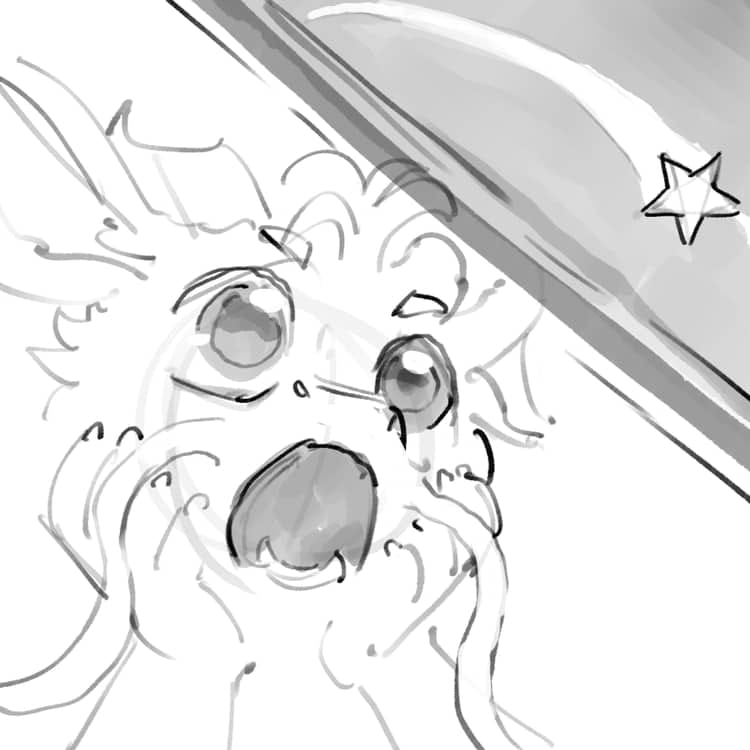 A digital sketch of Eli, the eastern dragon with long ears and horns, gasping with his hands on either side of his wide open mouth as he stares up at a shooting star in the night sky.