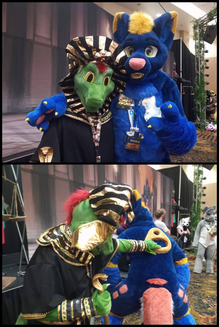 Two photos of Ine's fursuit, a green lizard with red feathers on his head, with Sizzle, a blue canine with pink and yellow markings and a tail that resembles a large piece of spam. In the second image, Sizzle's back is turned revealing a gold pull-tab on his back, which Ine is tugging on.