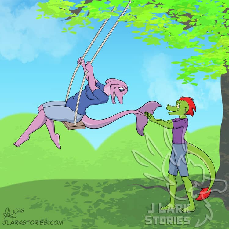 June the purple dolphin sitting on a swing hanging from a tree and being pushed by Ine, the green lizard with red feathers on his head and tail. June looks back at him as they both smile at each other.