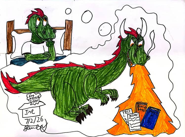 A marker drawing of Ine, a green anthro lizard with red feathers on his head, sitting in bed and smiling while imagining himself as a huge green dragon with red feathers running down his back and tail, grinning as he breaths fire over a pile of books and papers labeled test, essay, and boring novel.