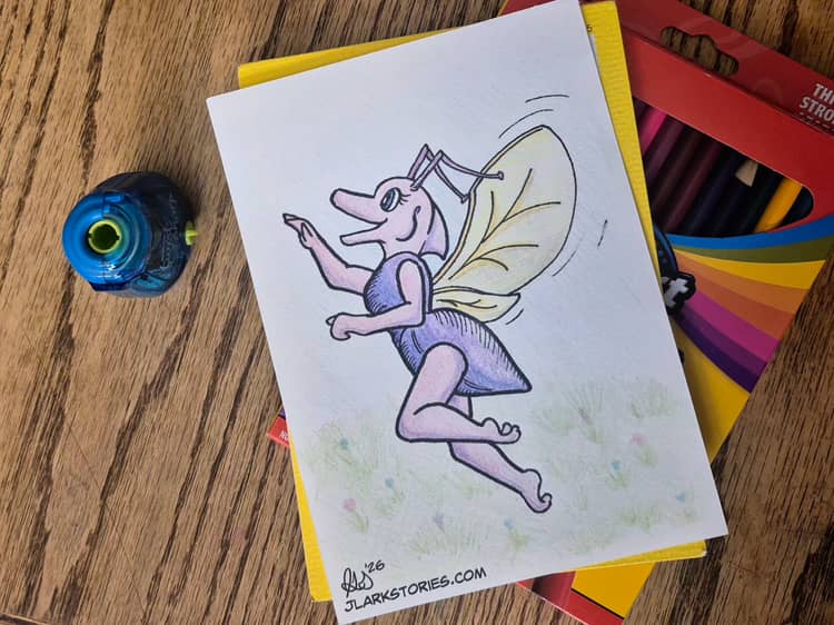 A colored pencil drawing of June, the dolphin, but with the body of a beetle, smiling and flying with a meadow and blue sky in the background
