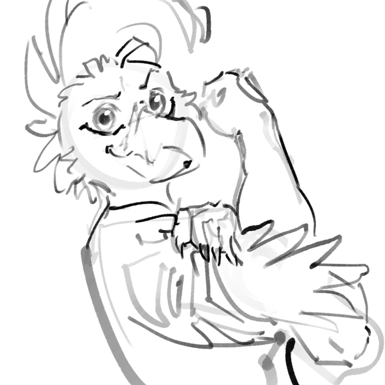 A digital sketch of a gryphon with large feathers on her head, rolling up her sleeve and flexing after the style of Rosie the Riveter