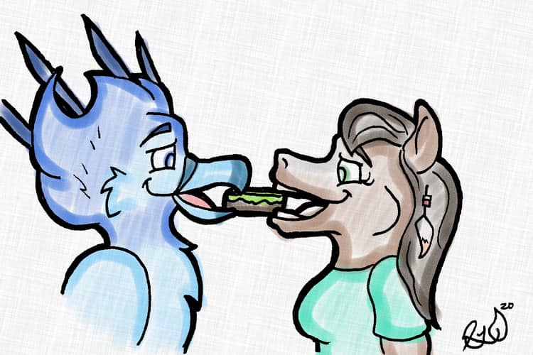 A colored sketch of Lark, the blue bird, and Maiara, the brown horse, smiling coyly at one another as they each hold opposite ends of a brownie in their mouths.