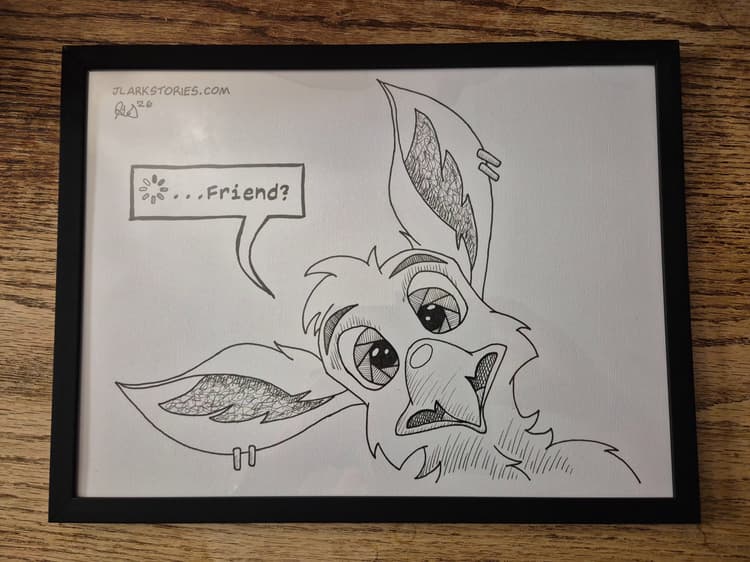 The same drawing of Spike the gryphon in a black frame.
