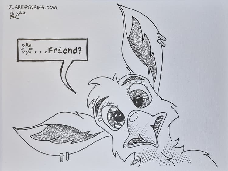 A black and white, pen and ink drawing of a headshot of Spike the gryphon, tilting their head, with a rectangular speech bubble that shows a buffering icon followed by the text, "...Friend?"