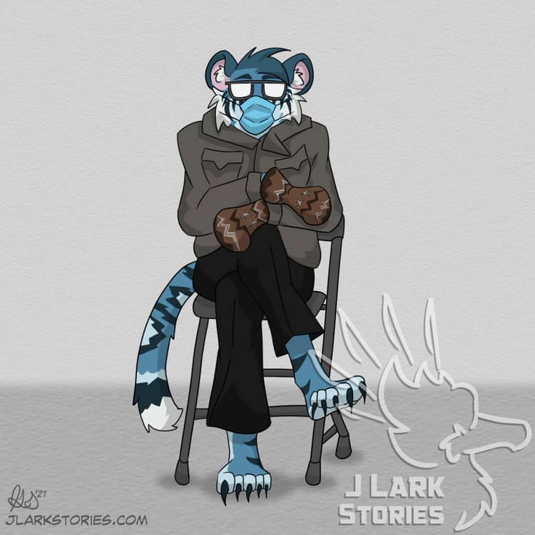 A blue anthro tiger sitting in a black folding chair wearing black pants, a long brown coat, glasses, an N95 mask, and a thick pair of brown knit mittens, patterned after the Bernie Sanders mittens photo.